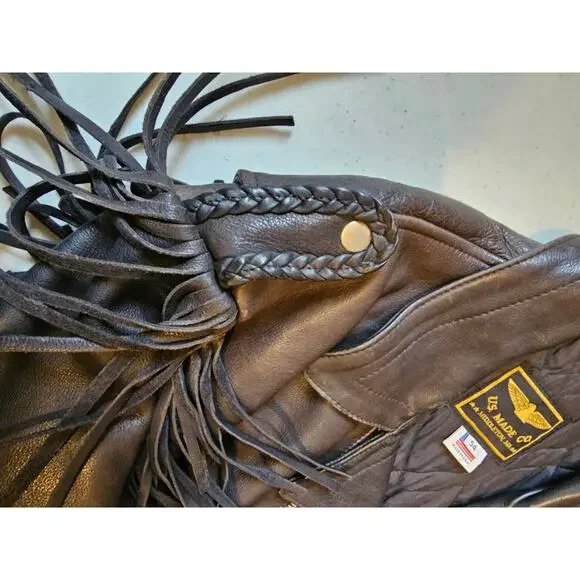 Vintage U.S. MADE Co. Black Leather Fringe Motorcycle Jacket Coat Men's XXL GIFT - Picture 12 of 16